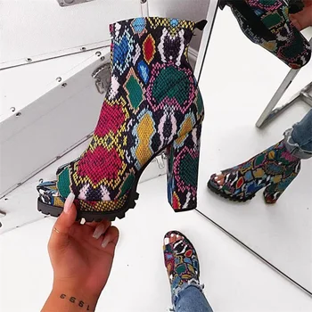 Perixir/2020 г. Демисезонные обувки с Змеиным принтом, женски ботильоны с отворени пръсти на много висок ток, Модни Дамски обувки, Размер 35-43