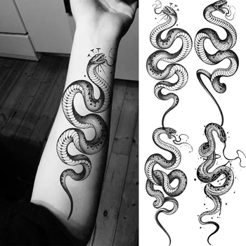 3D Черна Змия Модни Временни Татуировки На ръката до лакътя За Жени, Възрастни Мъже Реалистична Змия Фалшива Татуировка Водоустойчив Половината Ръкав Татуировки