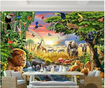 Потребителски снимки на тапети 3d стенописи тапети Дъгата зелени гори папагал слон животно детска живопис тапети начало декор