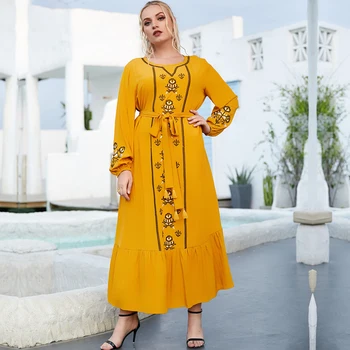 Мюсюлманската Рокля Дамски модни дълга пола темперамент кръгъл отвор плътен цвят бродерия на дантела-тънка рокля Абая Дубай Рокли
