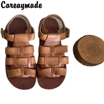 Careaymade -Летни плетени сандали от естествена кожа върху плоска подметка с катарама, дамски обувки в стил ретро подметка, удобни плажни сандали в римски стил