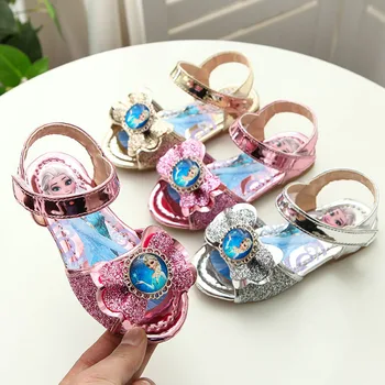 Пролет-сандали за момичета Disney; обувки принцеса Елза с мека подметка; детски обувки с декорация във формата на кристали; детска устойчива на плъзгане обувки на плоска подметка