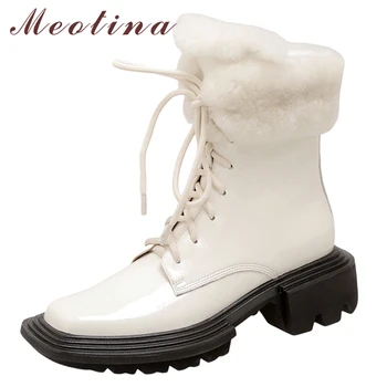Meotina/Зимни обувки от естествена кожа, дамски Обувки, дамски Обувки на Платформа, и Гъст Средно ток, Ботильоны Дантела с Квадратни пръсти, зимни бели