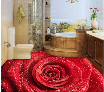 3d тапети pvc Роса Червена Роза Мода 3D Тапети, подови настилки за баня, водоустойчив Декорация на Дома