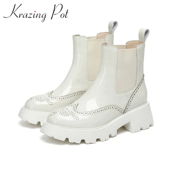 Krazing Pot/обувки Челси от волска кожа 2021 г.; слипоны на платформата с кръгла пръсти; суперзвезда, резбовани орнаменти; минималистичные модни ботильоны