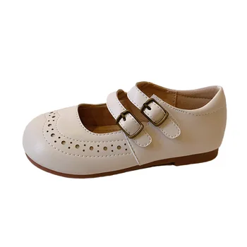 Детски ежедневни обувки; есен кожени обувки на равна подметка в ретро стил за момичета; класическа однотонная цветна тема; кафяво-бяла Нескользящая детски обувки