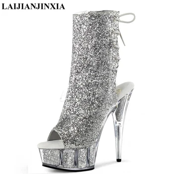 LAIJIANJINXIA/Нови дамски обувки на висок ток 15 см, Чубрица Ботильоны черен и сребрист цвят, вечерни клубни модел обувки за танци на един стълб, танцови обувки