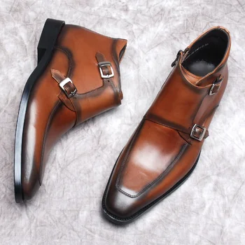 Мъжки Ботильоны От Естествена Кожа, Черен и Кафяв Цвят, мъжки обувки с Остри пръсти, Елегантен Модел Обувки, италиански официални обувки Челси с Катарами, мъжки обувки Челси