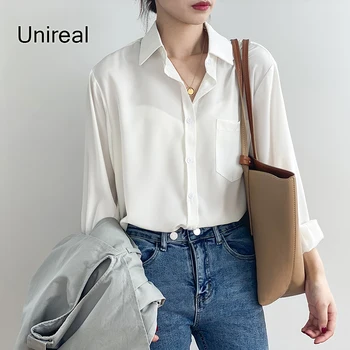 Unireal 2022 Пролетно Дамски Ежедневни Риза С Дълъг Ръкав, Однотонная Свободна Риза, Блуза, Реколта Върховете
