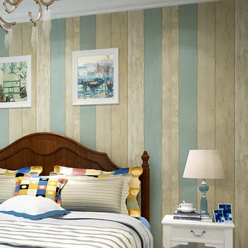 Сини средиземноморски тапети от нетъкан текстил с дървесно зърно, ретро носталгия тапети за спалнята, хола, телевизор, монтиран на стената тапет на райета.