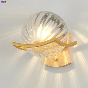 Японски Стил на Дървен Стенен Лампа LED E27 Gold/Black Iron Стенни Wandlamp Амбър Стъклена Топка Огледало За Спалня, Лампа За Дома