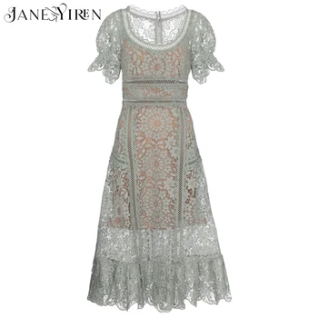 Janeyiren 2021 дизайнерско лятото дантелено Женствена рокля с къси ръкави реколта Цветя Отворено, Модерно и елегантна рокля midi