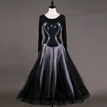 черни рокли за състезания по танци балната зала размер стандартно бална рокля с дълги ръкави валс танцово рокля за жените