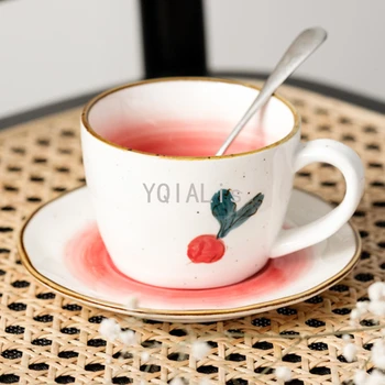 Хубавият Живот е 180 мл Реколта Лимонена Роза Репички Керамични Чаши за Кафе Набор от Блюдец Японски Стил на Чаша С Едно Ухо Чаена Чаша Художествена Сънливи Чаша