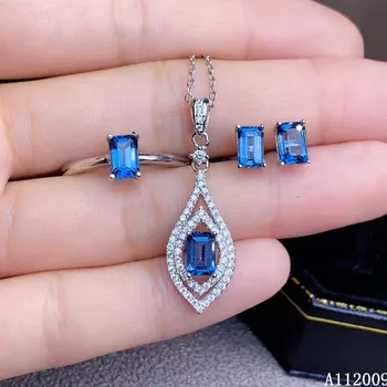 KJJEAXCMY изискани бижута от сребро 925 проба естествен син топаз обеци, пръстен, колие популярен нов женски костюм поддръжка на теста