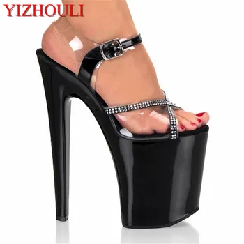 Черни пикантни водоустойчиви модели на висок ток 7 см, женски обувки на много висок ток, сандали на платформа 17 см