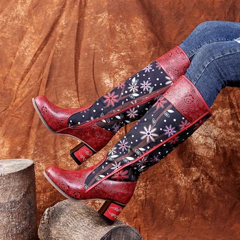 Дамски престрелки ботуши До Коляното в национален стил с цветна бродерия, Новост 2021 г., есенно-зимни Престрелки обувки с дебел ток, черен на Цвят, с принтом