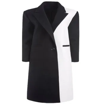 Модерен е черно-бяла вълна палто с отстрочкой, дамско зимно палто със средна дължина, дамски темпераментен вълнена горна дреха
