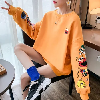 Плюс Naka тениска със средна дължина, Пуловер, Пролетно-есенни Модели Ins, Свободни Модни Дамски Блузи с Кръгло деколте и Анимационни принтом Голям размер