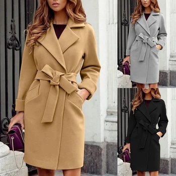 Жена вълна палто, Однотонная зимно яке с дълги ръкави и ревера и колан на талията, каки/Сив/Черен, S/M/L/ XL/XXL