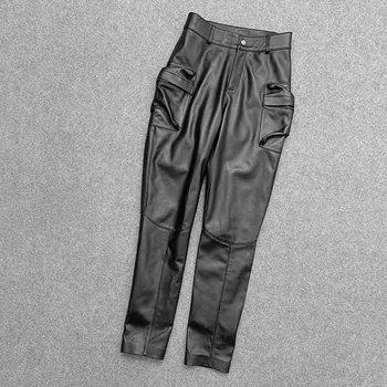 2021 Пролетта шик дамски панталон-молив с джобове от естествена кожа с Високо качество от естествена кожа C754