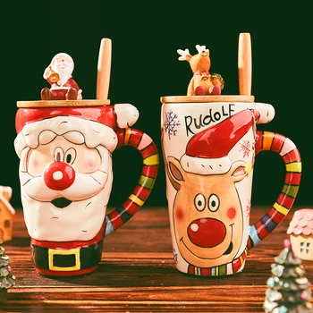 Коледна Керамична Чаша с Увреждания Дядо Коледа Подарък две Чаши 600 мл Голям Капацитет Мультяшная Офис Кафеена Чаша За Вода С Капак, Лъжица