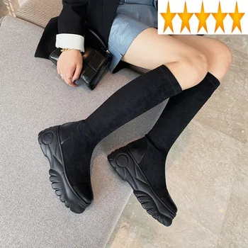 Дамски есенна мода однотонная обувки до коляното от естествена кожа Без закопчалка На платформа и Висок Ток, зимни Черни Дълги ботуши от Флока