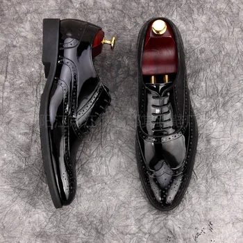 Мъжки Нови ярки Кожени обувки-Oxfords в ретро стил с Дърворезба, мъжки бизнес Ежедневни обувки-броги от естествена Кожа, ръчна изработка, Размер 38-44