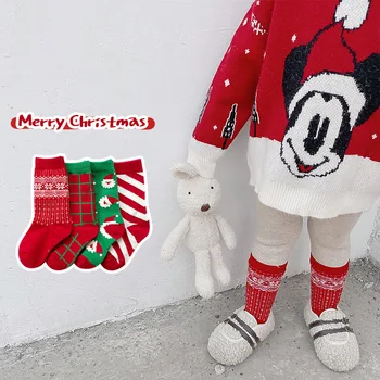 Детски Коледни Чорапи за Малки Момчета, Зимни Чорапи с Модел от Карикатура, Червени Чорапи със Средна Дължина, Чорапи за Новородени, Памучни Чорапи Calcetines