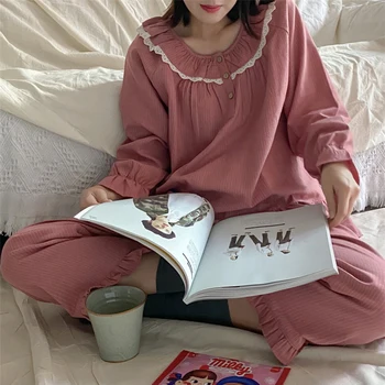 Пижамный комплект райе с кръгло деколте и накъдрен, дамски лейси пижами, мила пролет пижама с дълъг ръкав, комплект от две части, пуловер копчета