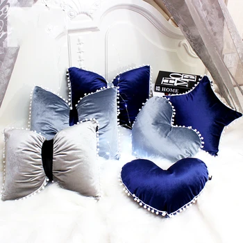 тъмно синьо/светло синьо/сиво кадифе възглавница с помпоном, възглавница във формата на сърце/звезди/banta, възглавница за гърба, облегалка, облегалка, домашен декор