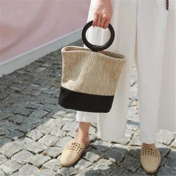 Плажна чанта Корейската Версия на Прост контрастиращи цветни Тканой чанти-кофи за почивка Ring Trend
