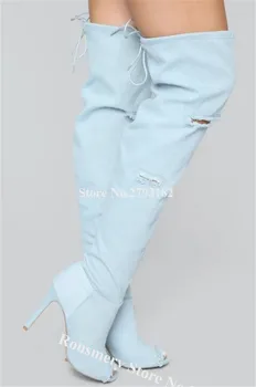Дамски модни дънкови ботуши-гладиатори над коляното на висок ток с отворени пръсти, сини Дълги ботуши на висок ток с шнур, Мотоциклетни ботуши