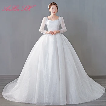 AnXin SH принцеса бяло дантелено сватбена рокля, вечерни реколта сладка във перли с дълъг ръкав булката бална рокля сватбена рокля