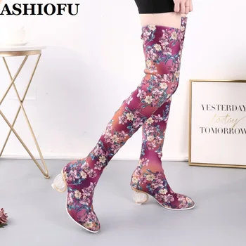 ASHIOFU/Нови Дамски обувки ръчна изработка на обувки с кристали; класически ботуши над коляното от цветна кожа; вечерни зимни модни ботуши до бедрата