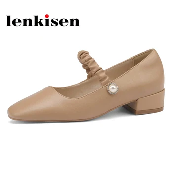 Lenkisen/новост, по-големи размери, от волска кожа, спилка, квадратен чорап, среден ток, плисе перлени бижута, красиви вечерни дамски обувки-лодка за срещи, L11