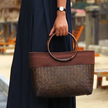 Ръчно Ретро бамбук ратанови модерна дамска чанта ръчна изработка, стара сламена чанта от ратан, ракита, дървена дръжка, ретро чанта, тъкани торби за жени