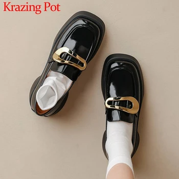 Krazing Pot/Модерни Обувки от естествена Кожа с Квадратни пръсти и среден Ток по Дебела подметка, с Метални Украшения, Дизайн, Прости Обувки-лодка без Закопчалка