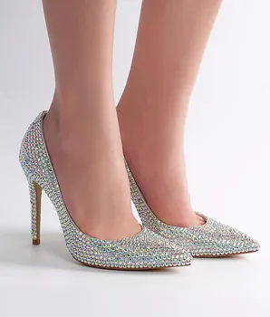Луксозни Сватбени Обувки-Лодка С кристали, Блестящи Кристални Обувки на висок ток с Остър Пръсти на Висок Ток 10 cm, Дамски официални Модела Обувки