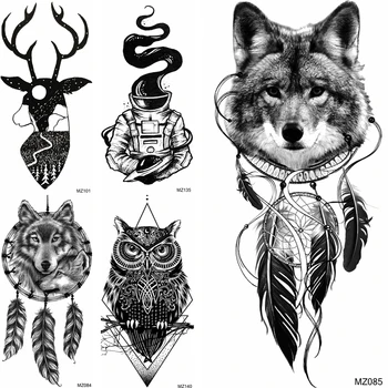 Творчески Временна Татуировка С Изображение На Вълк, Реалистични Фалшива Татуировка С Изображение На Черно Сови И Лосове За Жени И Мъже, Модни Татуировка На Ръката За Боди-Арт За Празника