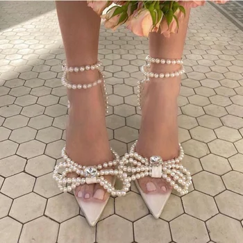 Нов планински кристал пеперуда възел сандали жена сватбени обувки на висок ток, сандали жени, Перла Диамант на висок ток, Секси парти обувки