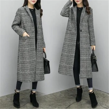 Ново есенно-зимно дамско палто, вълнена от смесовой кърпа, на топло каре палто Големи Размери, Дамски Вълнена Горна дреха, палто, Ежедневни дамски палта J951