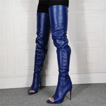 Реална снимка модни модерен сини ботуши над коляното дамски ботфорты femme с отворени пръсти, с промежностью, до бедрата, на висок ток, мотоциклетни обувки, дамски ботфорты
