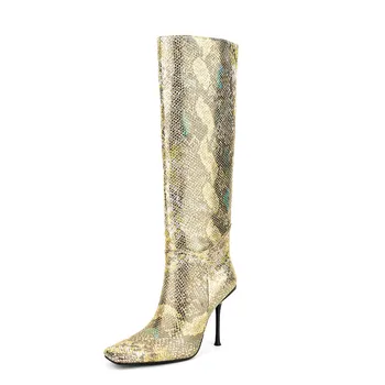 Есенно-зимни Нови Модни дамски обувки на тънък висок ток с дължина до коляното, велурени ботуши на средно висок, с квадратни пръсти, дамски модни обувки