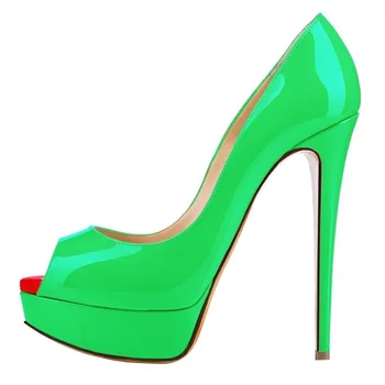 Пикантни червени Обувки-лодка на платформа с отворени пръсти, женски обувки на много висок ток 14 см, зелени, жълти, Сини, от лачена Кожа, вечерни Модела обувки