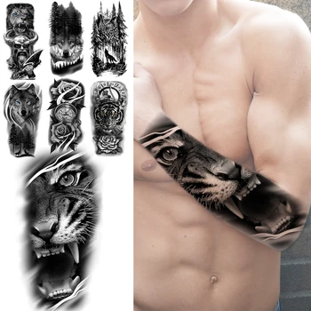 3D Реалистични Временни Татуировки На ръката до лакътя Тигър За Мъже Възрастен Лъв, Вълк Цвете Гора Фалшива Татуировка Водонепроницаемое Украса Татуировка Хартия