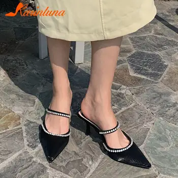 Karinluna/ модни дамски обувки-чехли в черен Цвят На тънък Висок ток с остър пръсти, без закопчалка, бели летни пикантни вечерни клубни дамски обувки