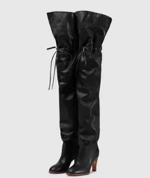 Новост през есента на 2018 г., марковите дамски обикновена червени, черни обувки с кръгло бомбе и квадратни пръсти на ток 100 мм, дантела, над коляното кожени Ботуши до бедрото, без закопчалка
