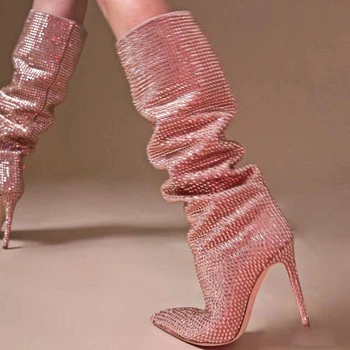 Подиумные дамски Високи ботуши на висок ток, Лъскави Ботуши до Коляното с Кристали, модни остроносые дамски обувки в Ярки Цветове, Zapatos De Mujer