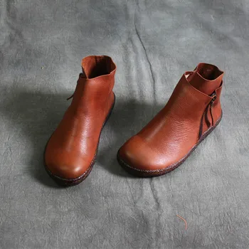 Careaymade - Женски тънки обувки, ръчно изработени от мека кожа, с кръгли пръсти, на равна подметка в РЕТРО стил, с мека подметка, удобни къси ботуши